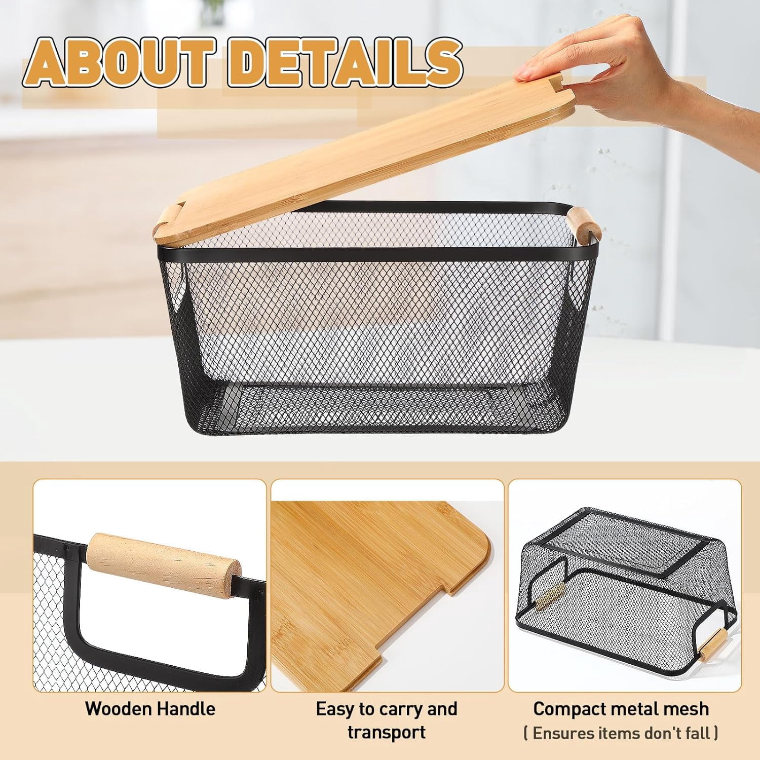 4 Pcs Metal Wire Basket with Wooden Handles and Bamboo Lids 12.2 x 8.27 x 5.51" Mesh Steel Basket Stackable Storage Bins Organizer Containers for Vegetables Fruit Home Cabinet Pantry(Black)