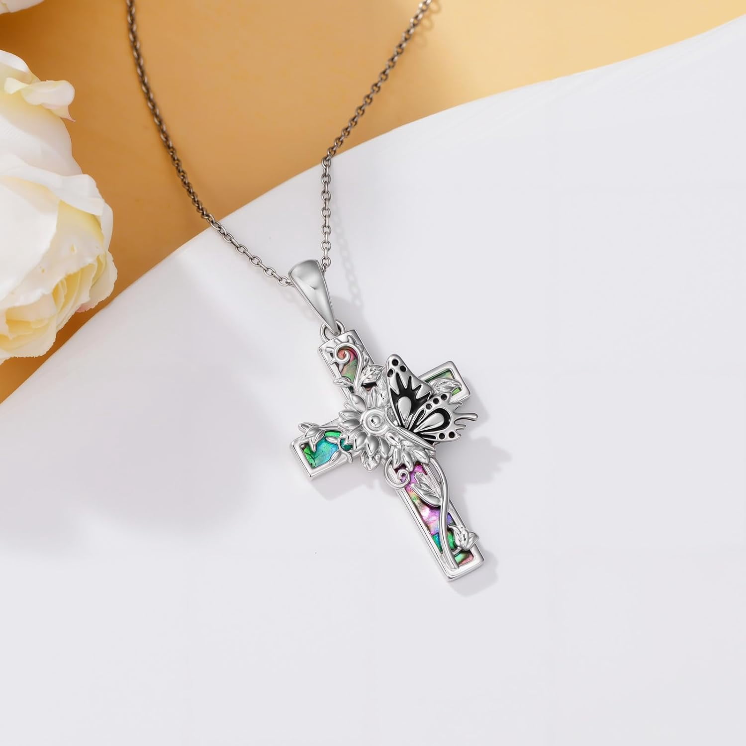 Dorunmo Butterfly Cross Necklace 925 Sterling Silver Butterfly Sunflower Abalone Shell Cross Pendant Jewelry Religious Christian Baptism Gifts for Her Women