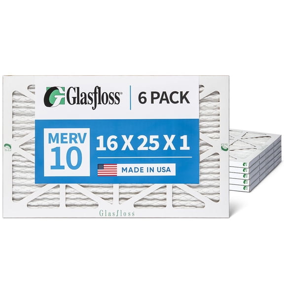 6 Pack of 16x25x1 MERV 10 Pleated Air Filters by Glasfloss. Actual Size: 15-1/2 x 24-1/2 x 7/8