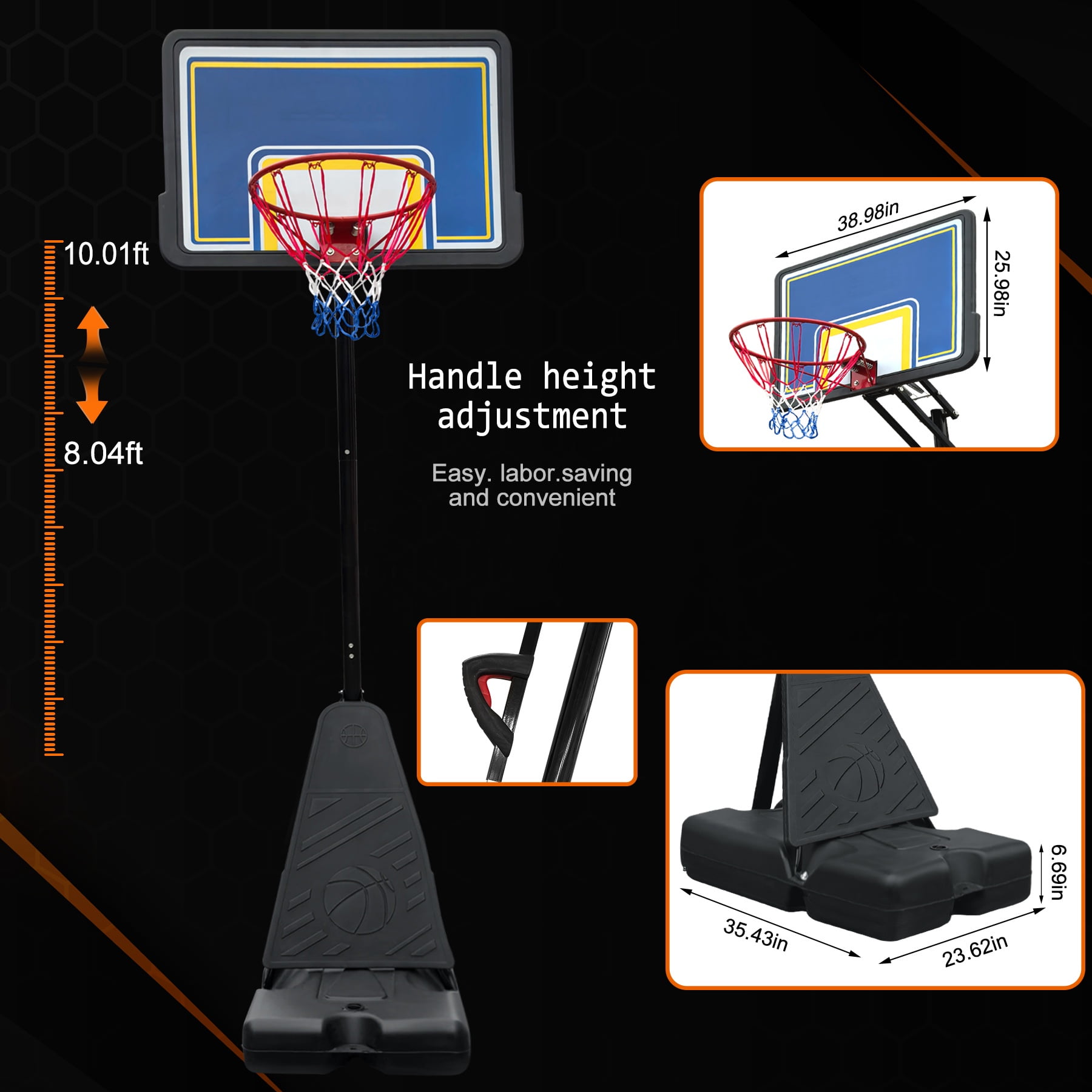 Professional Portable Basketball Hoop System,39" Shatterproof Backboard Height Adjustable 8.04-10.01 ft, Rebound Board Sand/Water Fillable Base,Indoor & Outdoor Use
