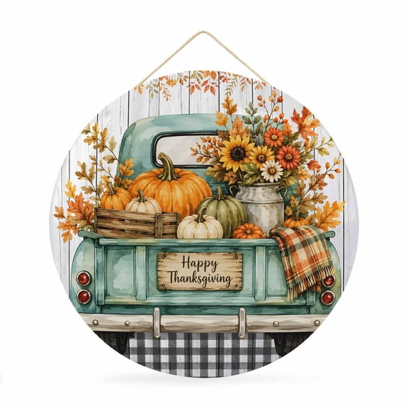 Welcome Sign for Front Door, Thanksgiving Round Metal Wall Art Wreaths, Fall Pumpkin Maple Leaf Havest Truck Wood Plaid Outdoor Indoor Wall Hanging Sign for Porch Decor Housewarming Gifts 11.8 Inch