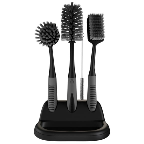 Dish Brush Set of 5 with Convenient Holder, Bottle Water Brush, Dish Scrub Brush, Scrubber Brush and Straw Brush - Kitchen Scrub Brushes Non Slip Long Handle for Sink Dishes Cup Pot, Black