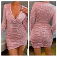thumbnail image 6 of Sparkling Long Sleeve V Neck Sequins Bodycon Dress for Women's Cocktail Party and Club Event Ruched Hip Wrap Short Dress, 6 of 9