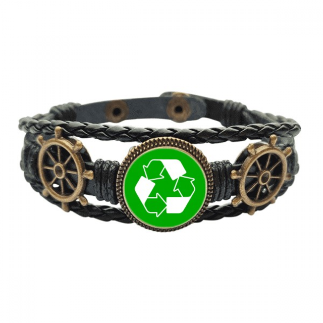Reciclar el cuadrado verde marca de advertencia Pulsera marina tejida en cuero
