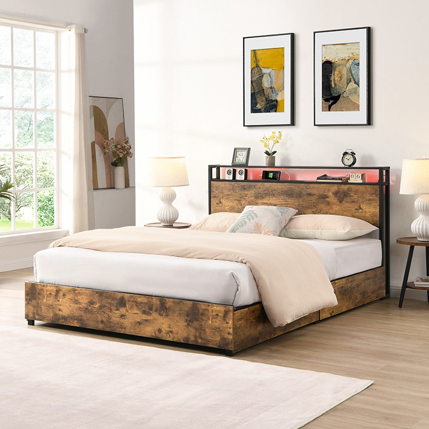 Queen Bed Frame, Storage Headboard with Charging Station, Solid and Stable, Noise Free, No Box Spring Needed