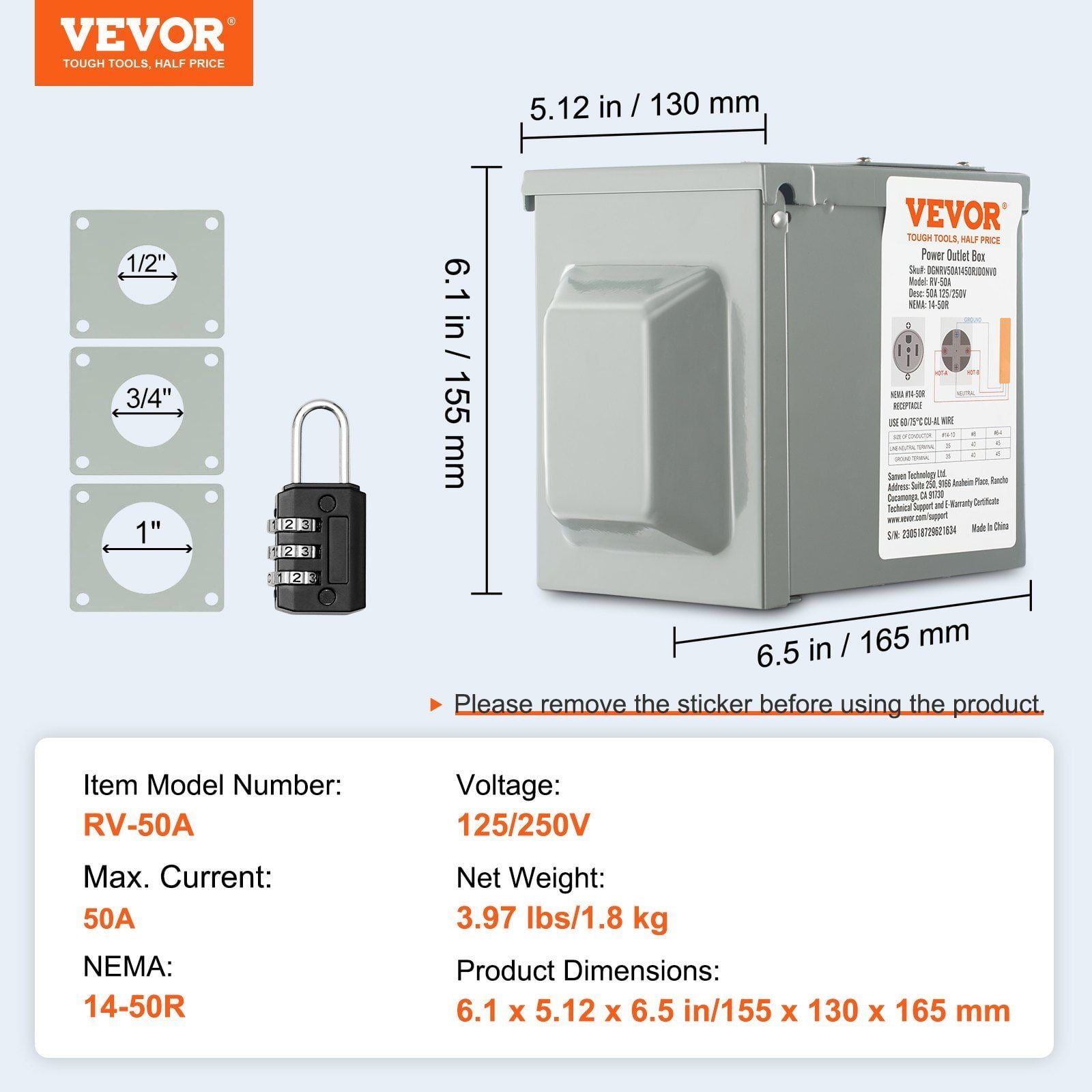 50 Amp RV Power Outlet Box, 125/250 Volt, Enclosed Lockable Outdoor RV Receptacle Box, NEMA 14-50R Weatherproof Electrical Panel, for RV Camper Trailer Motorhome Tested to UL Standards