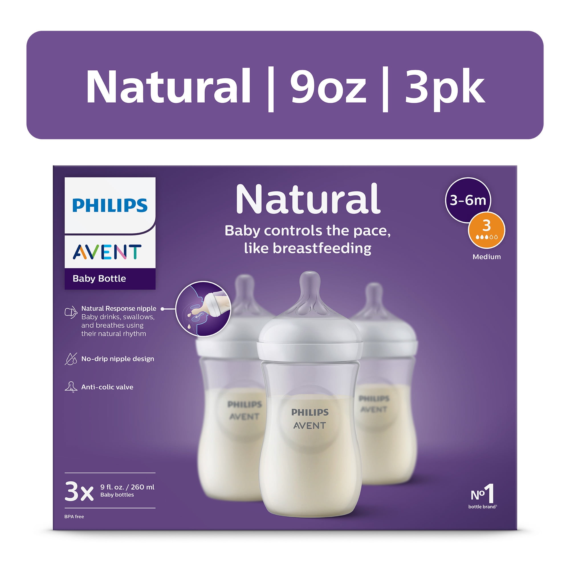 (2 pack) Philips Avent Natural Baby Bottles with Natural Response Nipples (Medium Flow, Flow 3), 9oz, 3-Pack, SCY903/93