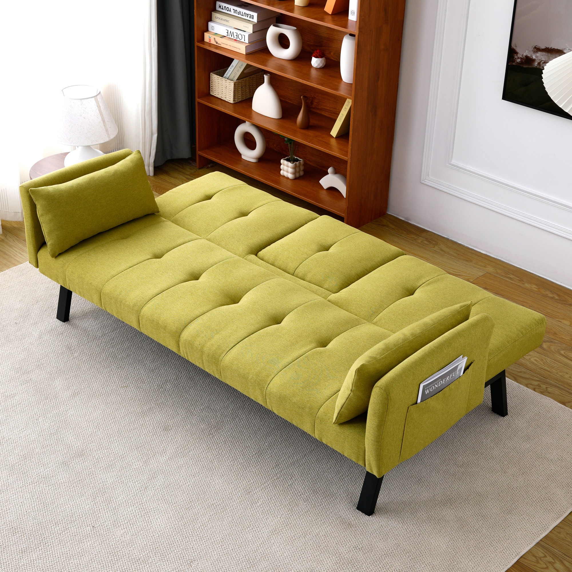 70 inch Futon Sofa Bed Cotton Linen Sofa Couch Convertible Folding Recliner with 2 Cup Holders,Side Storage for Living Room,Green