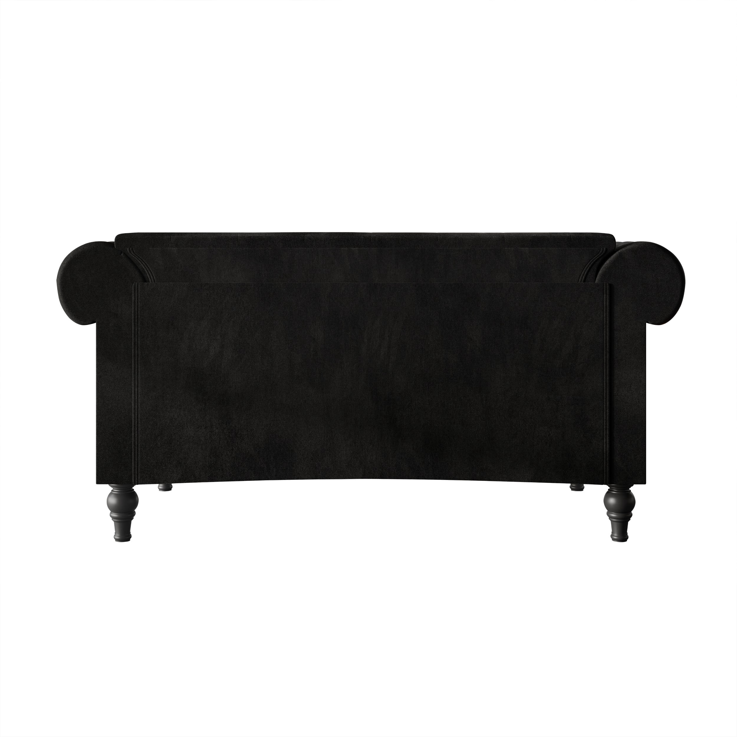 Home Design Kelso Velvet Rolled Arm Loveseat with Deep Button Tufting, Nailhead Trim and Turned Legs, Black