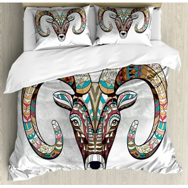 Goat Duvet Cover Set King Size, Colorful Tribal Ornamented Head of Goat Figure African Totem Tattoo Inspired Design, Decorative 3 Piece Bedding Set with 2 Pillow Shams, Multicolor, by Ambesonne