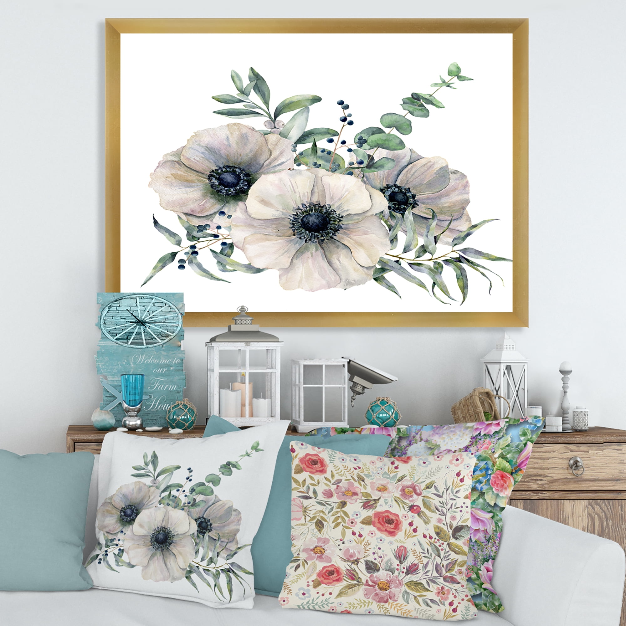 Designart 'Eucalyptus Leaves With White Anemone Bouquet' Traditional Framed Art Print
