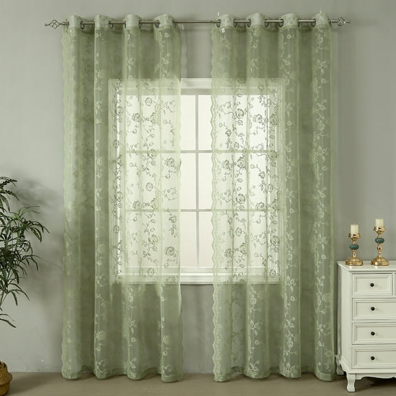 Sunyuer Rose Lace Curtains for Bedroom, Rustic Vintage Floral Lace Sheer Curtains, Scalloped Privacy Sheer Lace Window Curtains, 2 Panels
