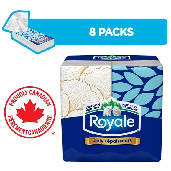 Royale 3 Ply Facial Tissue, 8 Pocket packs, 10 Tissues Per Pack