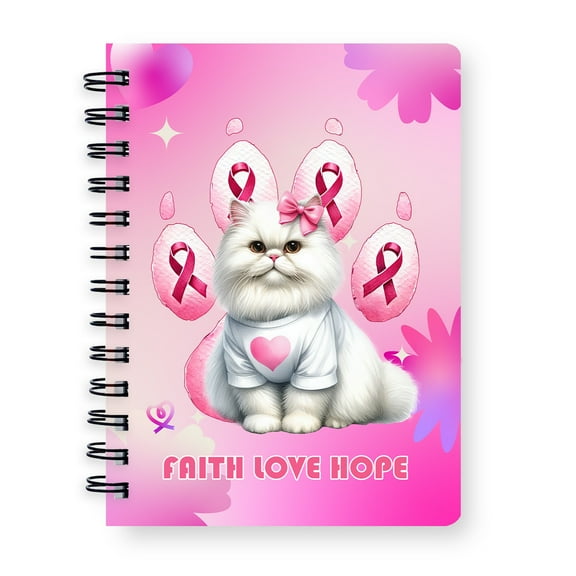 Faith Love Hope Persian Breast Cancer Awareness Survivor Spiral Bound Journal Cat Lover Kitten Owner Gifts 5x7in Spiral Notebook - 02017