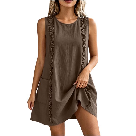 Dvprdro Womens Casual Summer Mini Dress Crewneck Sleeveless Ruffle Detail Side Pockets Shift A Line Dress Solid