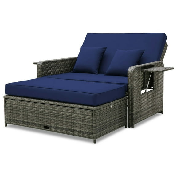 GVN Patio Wicker Loveseat Sofa with Multipurpose Ottoman and Retractable Side Tray-Navy