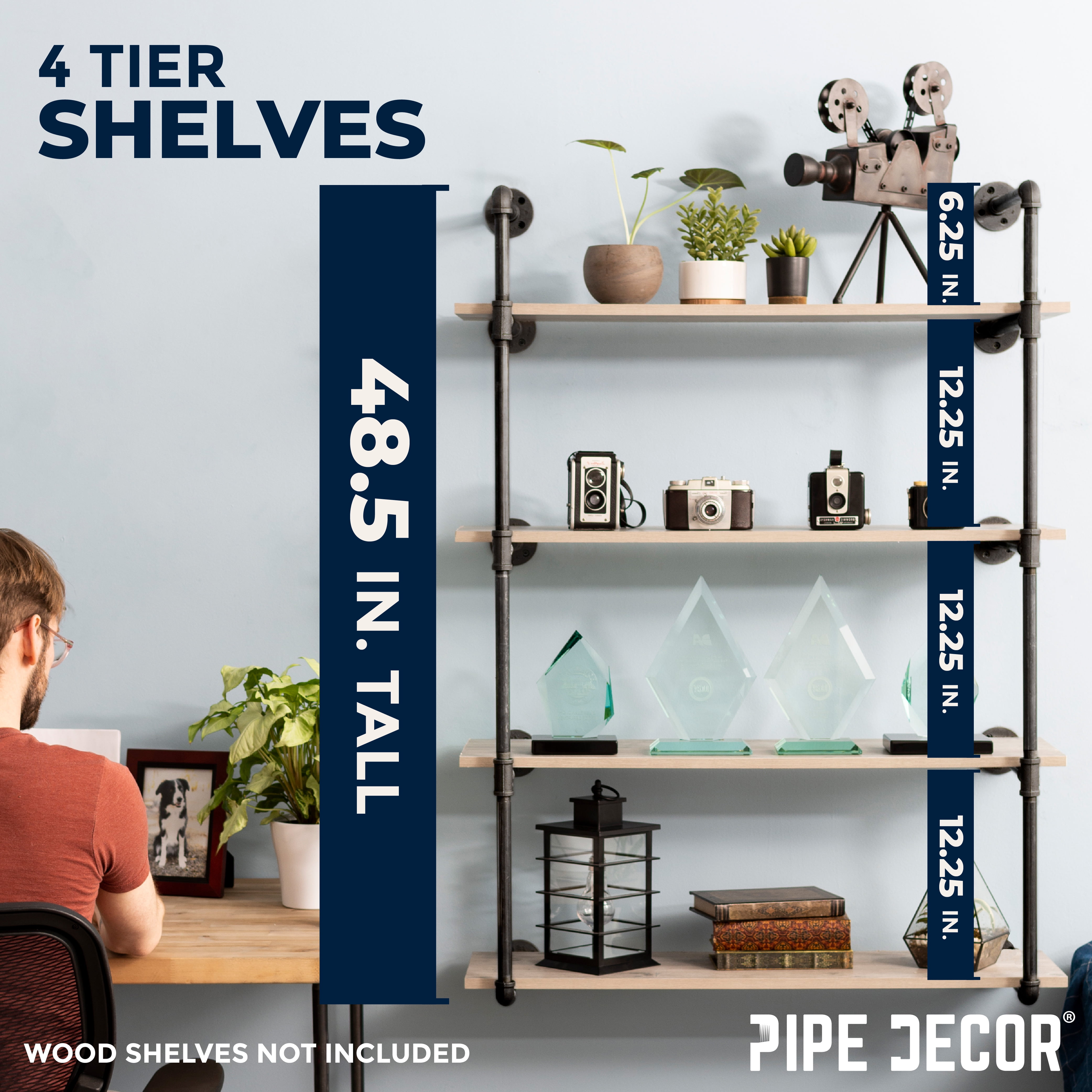 4 -tier Wall Mounted Shelf Brackets By PIPE DECOR