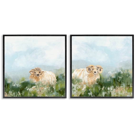 Stupell Industries Curly-Horned Sheep Field Animals Painting Black Framed Art Print Wall Art, 12 x 12, Set of 2