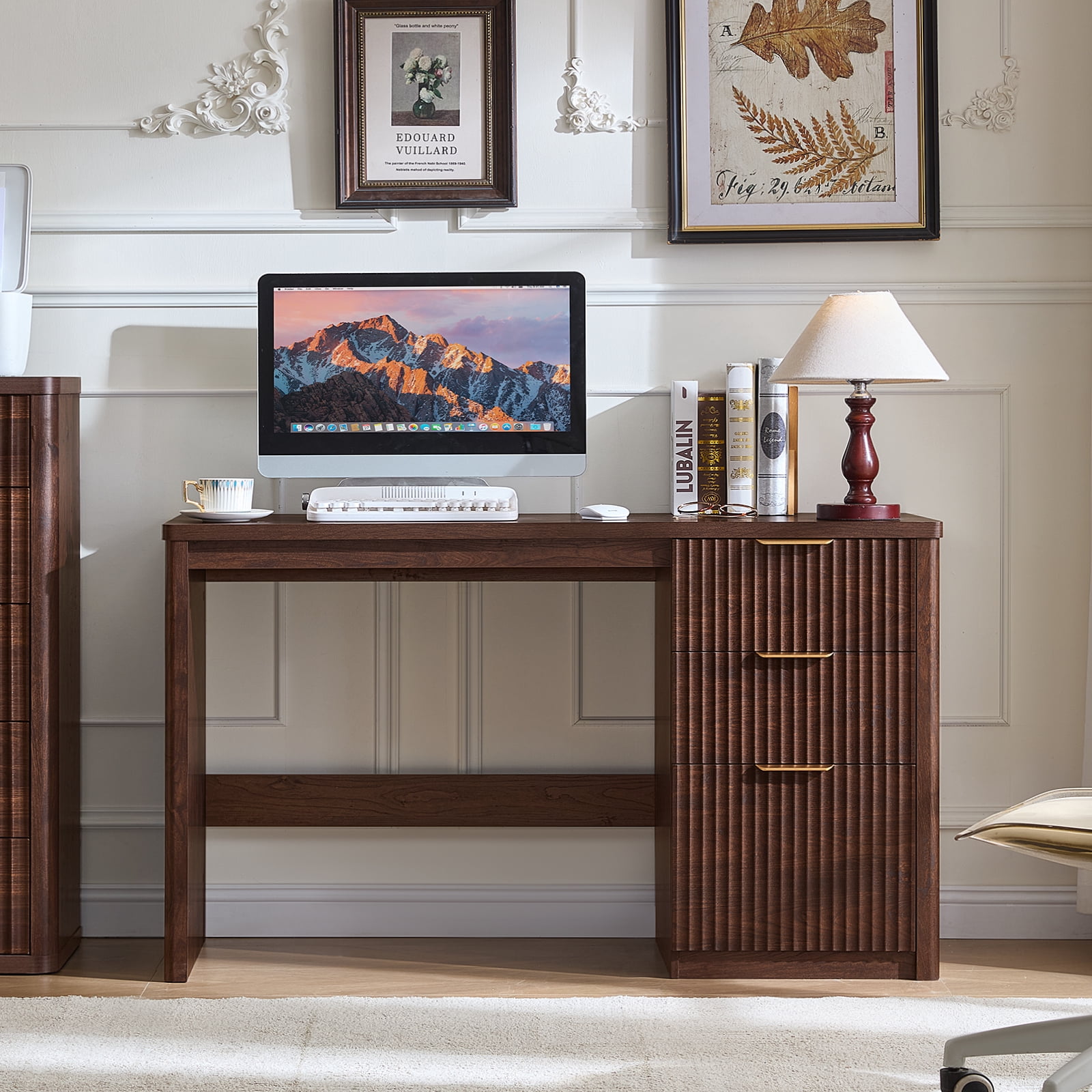 Joaxswe 48" Computer Desk with Drawer, Modern Home Office Desk with Storage Cabinet, Fluted PC Study Writing Desk for Office, Bedroom, Walnut