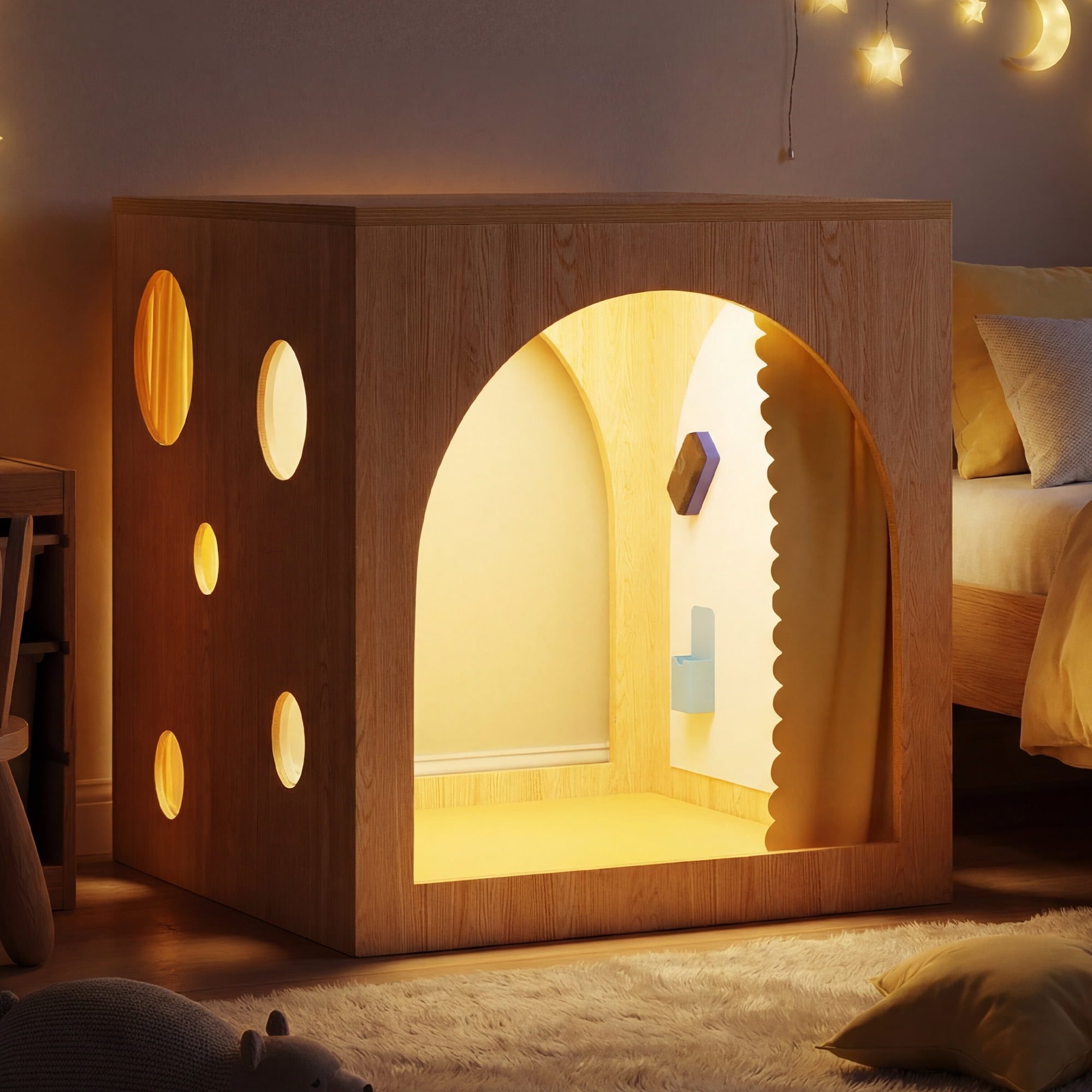 Advwin 30" Cozy Reading Cube with Curtains, Cushion Mat & Light, Wood Reading Nook Quiet Corner Playhouse with Whiteboard, Bookshelf & Acrylic Window Panel for Home School Classroom Daycare, Yellow