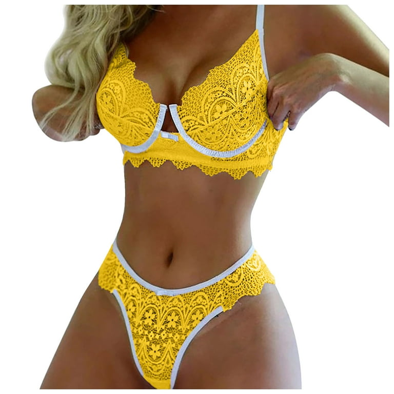 Yellow Lace Two-Piece Lingerie Set Bra Thong
