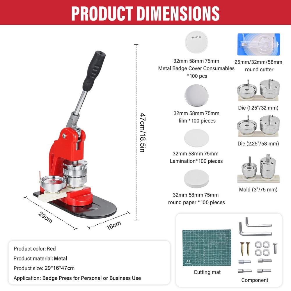 Button Maker Machine - Multiple Sizes, Button Pin Maker 1.25+2.28 inch, Interchangeable Button-models Badge Button Press Machine with 300 Sets Button Maker Supplies &Circle Cutter&Cutting Mat