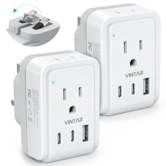 2 Pack Canada to UK Plug Adapter, VINTAR Foldable Type G Travel Adapter with 2 Outlets and 3 USB Ports(2 USB C), 5 in 1 Ireland Plug Adapto