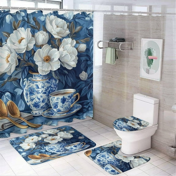 Bathroom Shower Curtain Sets with Rugs, Blue Leaves Pattern Printed on Shower Curtain and Liner Set, Ideal for Bathroom Apartment RV College Dorm, 72 x 72 inches