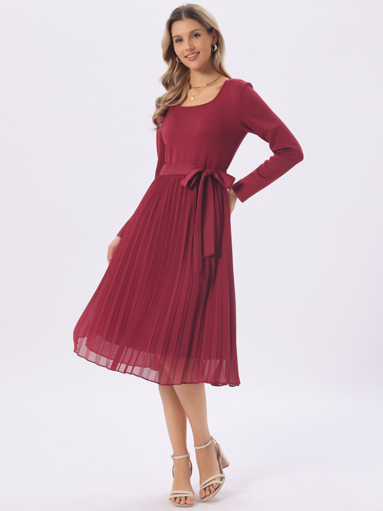 DARING DIVA Women's Pleated Crewneck A Line Flowy Long Sleeve Dress XL Wine Red