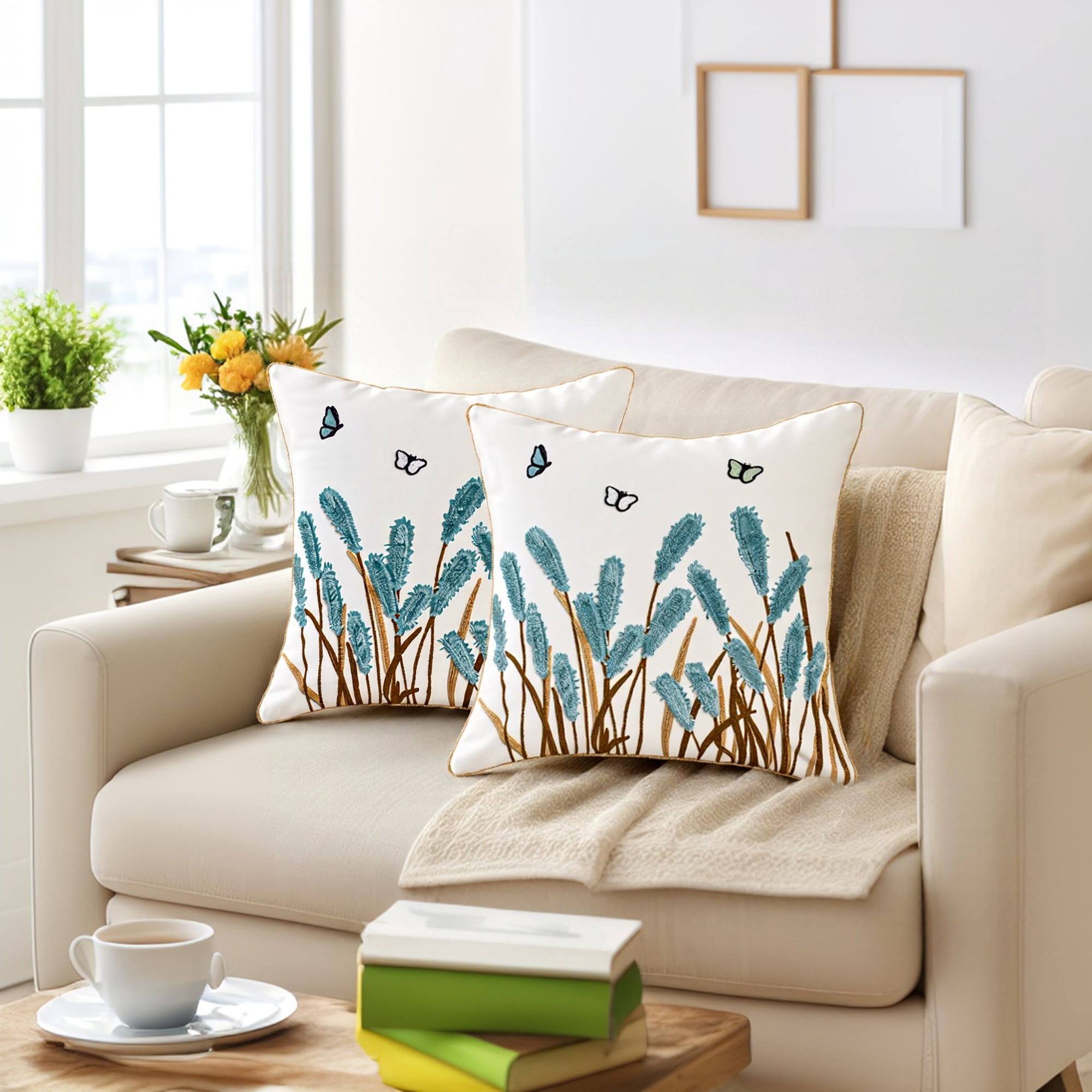 Unique Bargains Cotton Boho Plant Embroidery Soft Square Throw Pillow Covers Blue