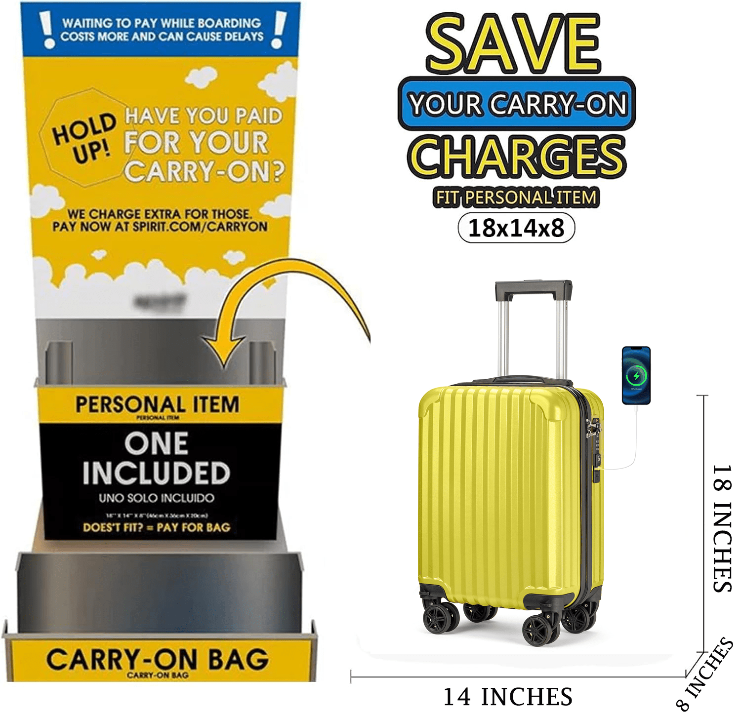 Personal Item Suitcase 18x14x8 Inches Hardside Built In TSA Lock & USB Port Lightweight Luggage With Removable Silent Wheels Underseat Carry-On Bag For Spirit and Frontier and More (Yellow)