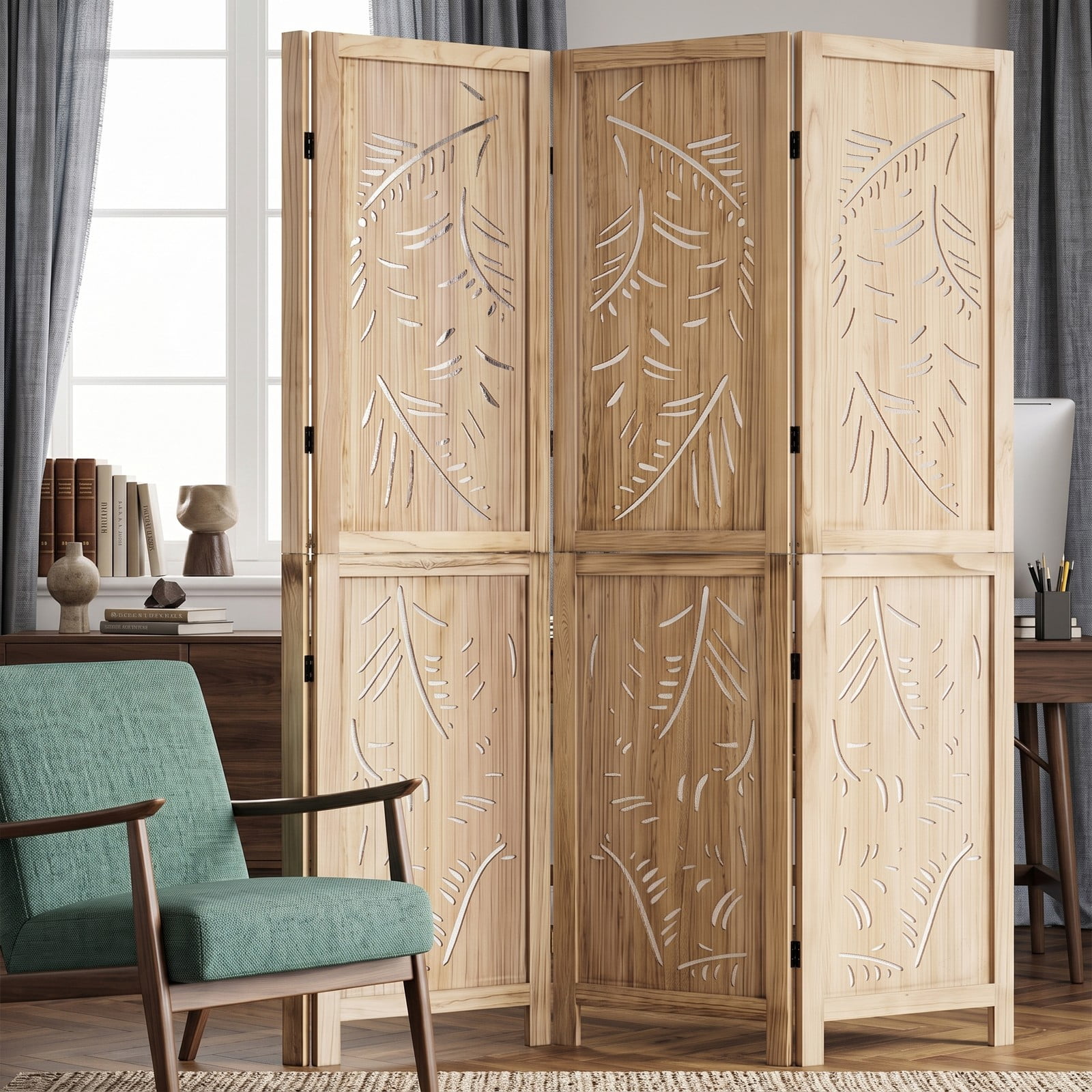 ALPULON 4-Panel Wooden Room Divider Freestanding Folding Privacy Screen with Palm Leaf Design & Paulownia Frame for Home Bedroom Office, Natural