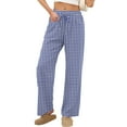 thumbnail image 6 of Lenpel Wide Leg Pants for Women Elastic High Waisted Drawstring Plaid Palazzo Pants Baggy Casual Trousers with Pockets(Blue,Medium), 6 of 7