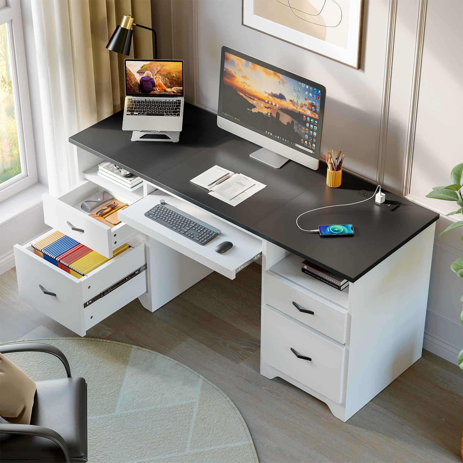 Bestier 59''Computer Desk with 4 Drawers,Office Desk with Storage,Modern Executive Desk with File Drawer, Office Desk with Charging Station, Keyboard Tray for Home office, Study & Bedroom，White