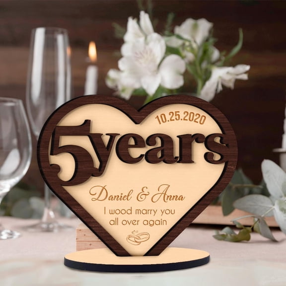 Personalized 5th Anniversary Gift, Custom Wood Anniversary Heart Sign, I Wood Marry You Again Plaque, 5 Years Married Keepsake for Couple