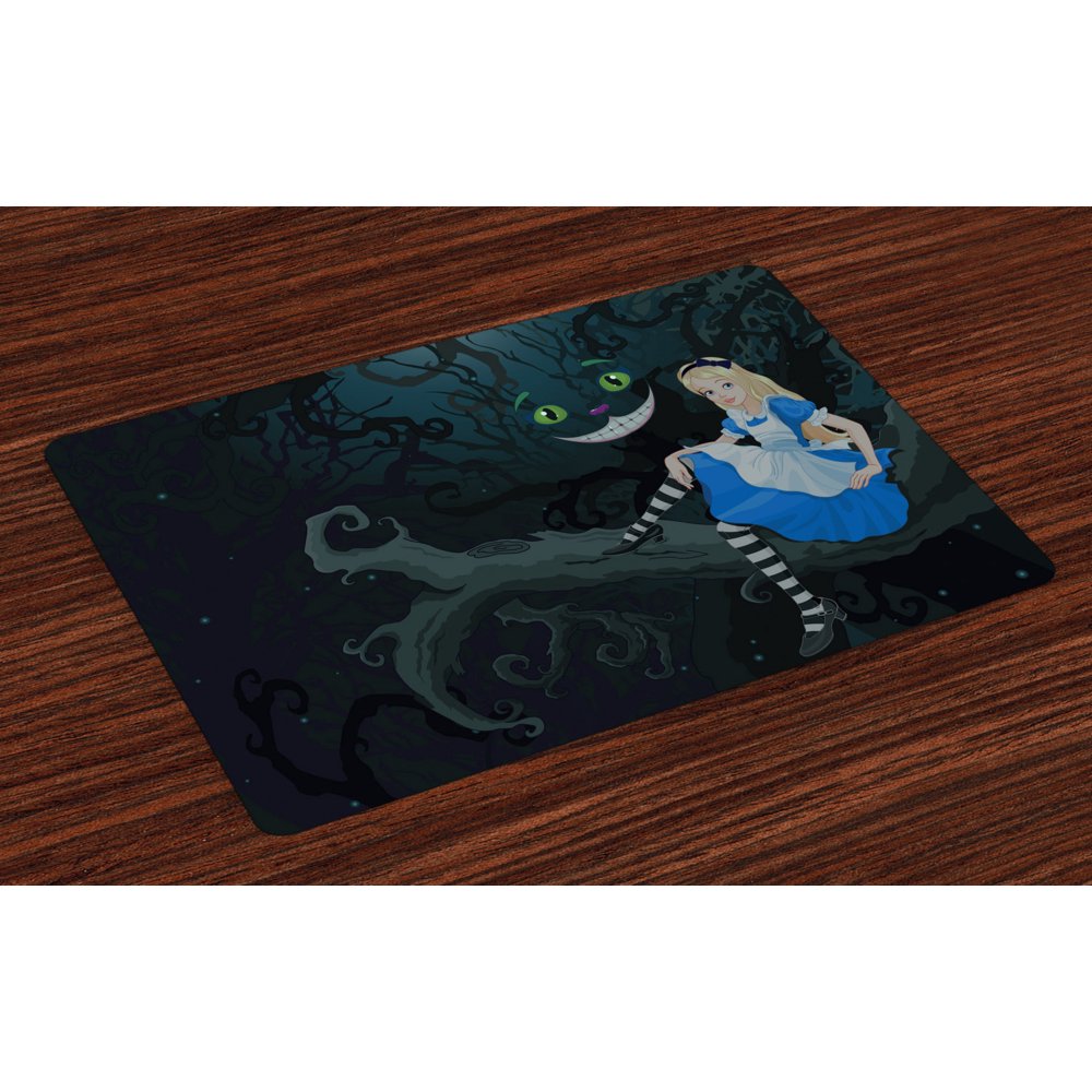 Alice in Wonderland Placemats Set of 4 Alice Sitting on Branch and Chescire Cat in Darkness