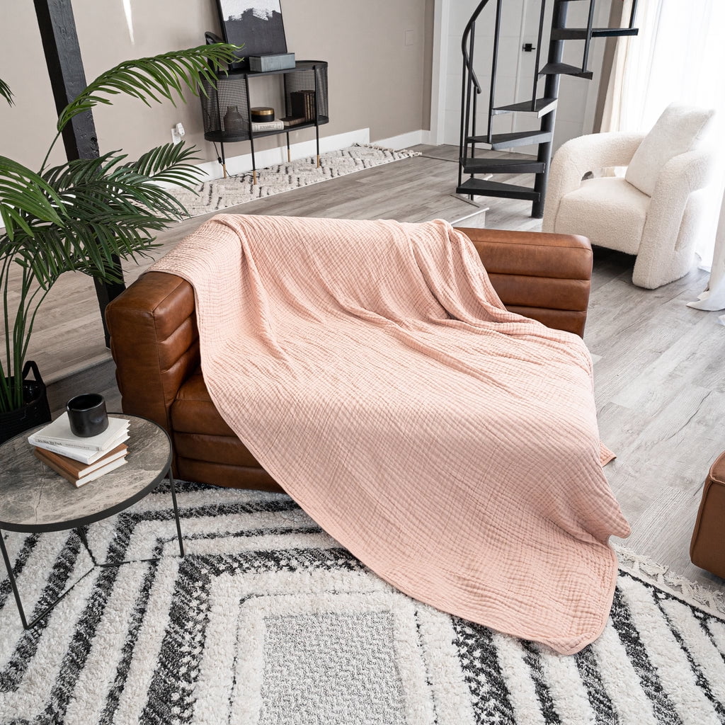 Comfy Cubs Muslin Blanket, Extra Large Twin 90” x 66”, 6 Layer Cooling Cotton Softness (Blush, Twin)