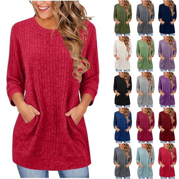 Otntypg Fall Tunic Tops for Women Trendy 3/4 Length Sleeve Basic Solid Color Crewneck Pullover Blouse Lightweight Cozy Long T-Shirts with Pockets