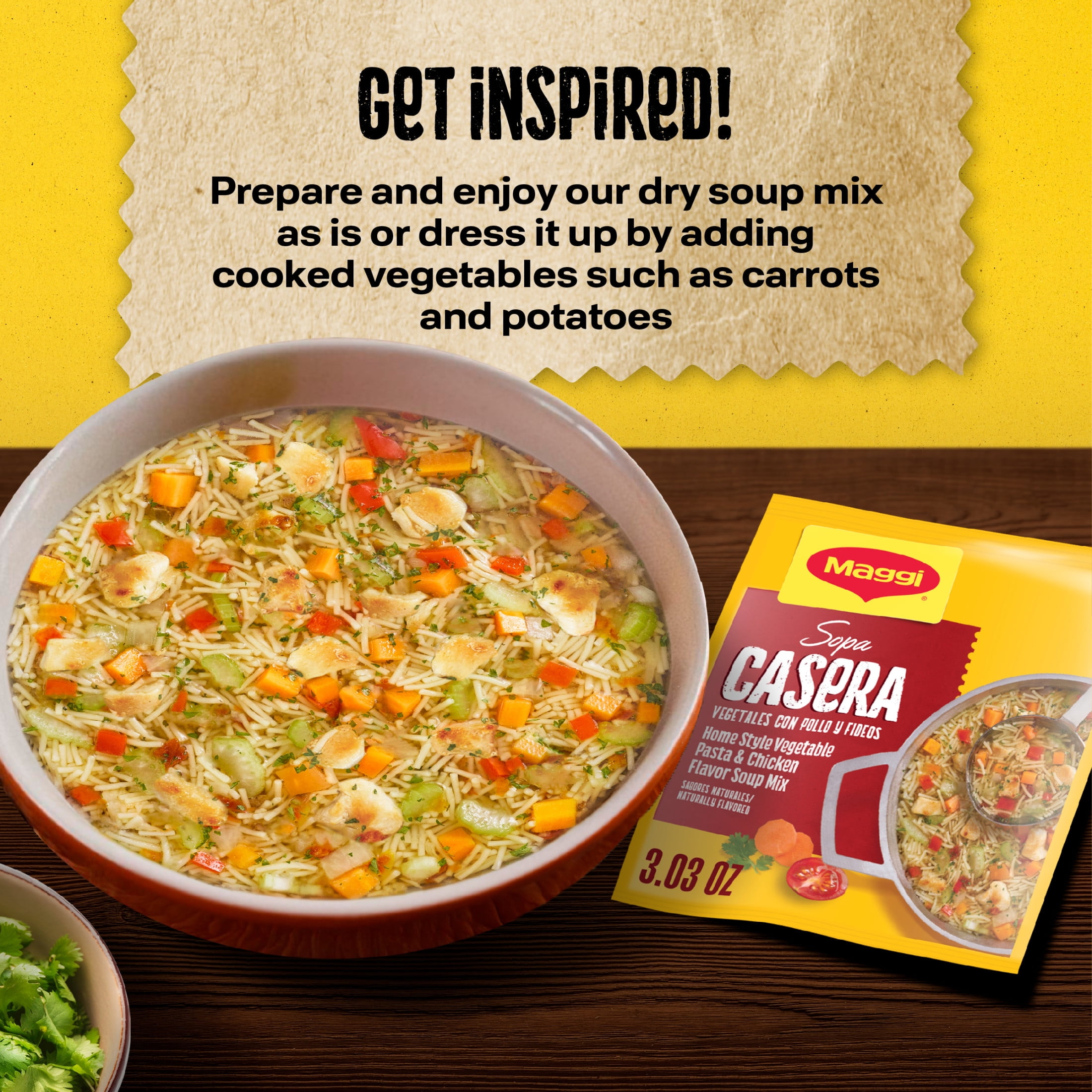 (5 pack) Maggi Sopa Casera Vegetables con Pollo y Fideos Home Style Vegetable Pasta and Chicken Flavor Soup Mix, Instant Soup Packets 3.034 oz