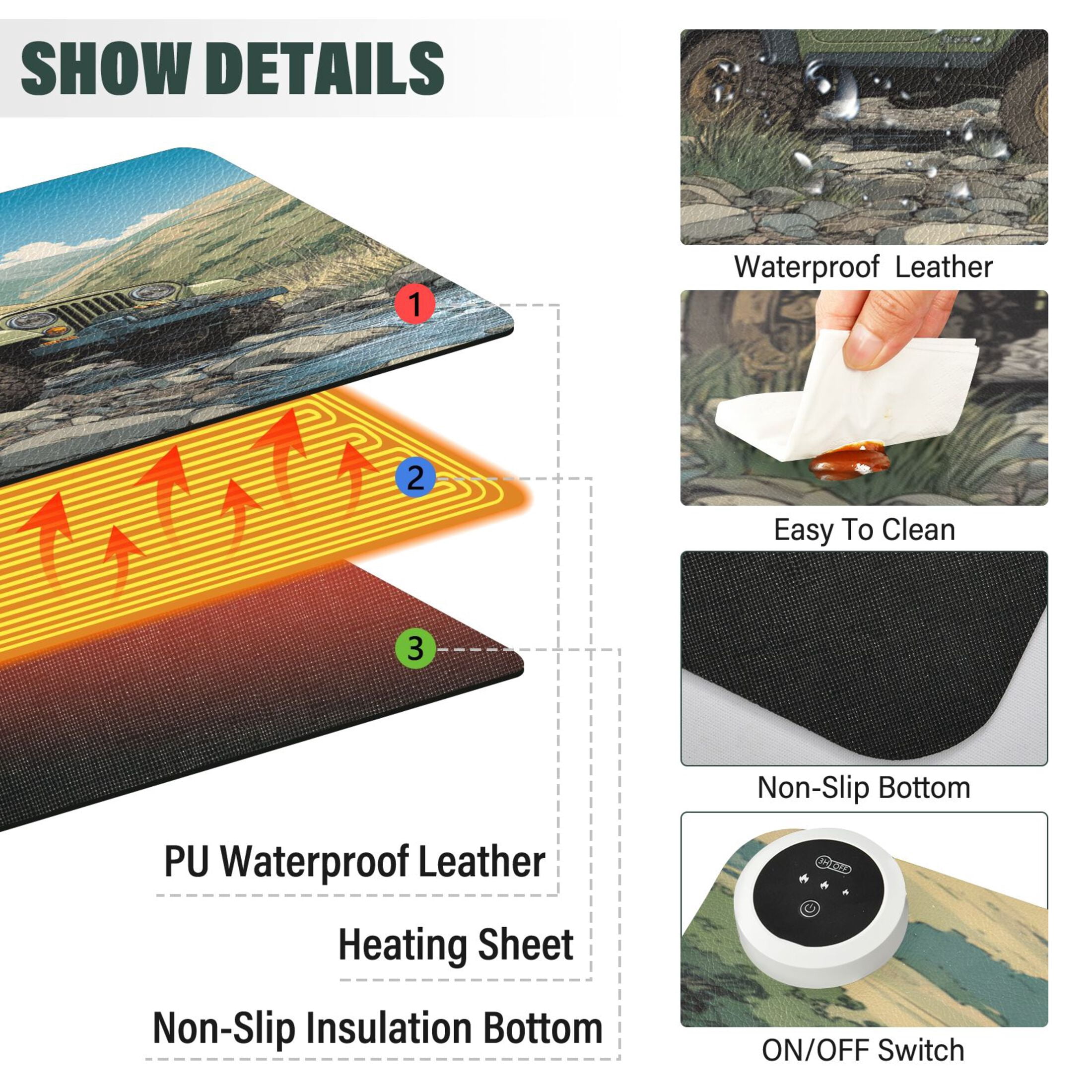 Large Heated Desk Mat Mouse Pad 31.5"x13"PU Leather Graphene Heating Desk Warmer with 3 Temperature Settings 110V US Plug Non-Slip Warm Pad for Home, Office, and Gaming Mountain Stream Jeep Adventure