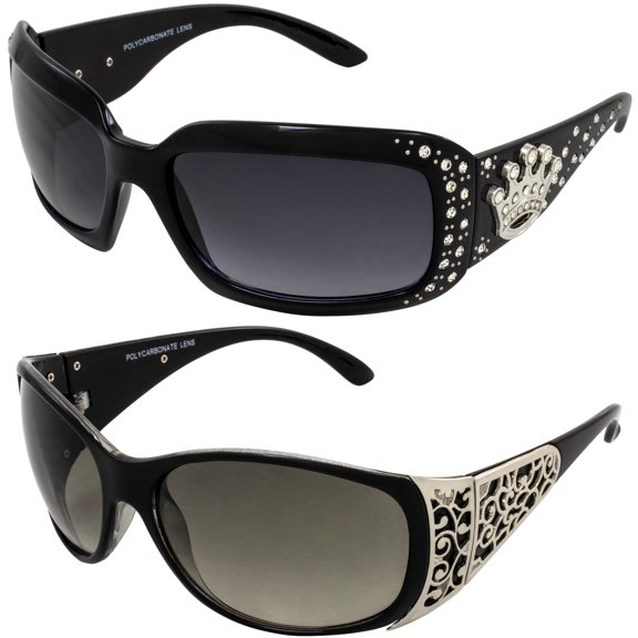 Rodeo Queen 2 Pairs of Women’s Sunglasses Black Fashionable Frame w/ Metal Accent Piece Bling Rhinestones & Smoke Gradient Lenses