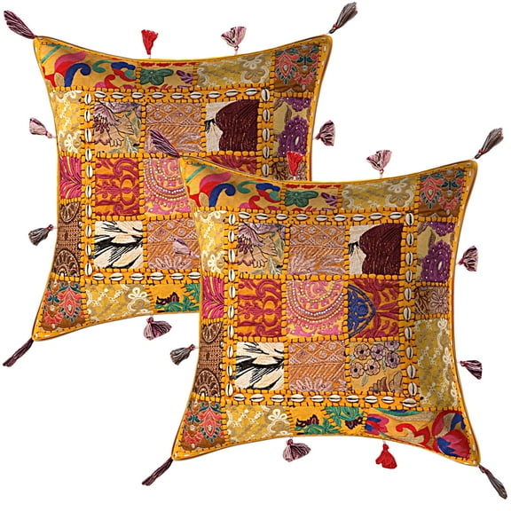 Stylo Culture Ethnic Decorative Throw Pillow Covers 17 x 17 Mango Yellow Embroidered Patchwork Cowry Sea Shell Tassels Bohemian 43cm x 43cm Bedroom Cotton Floral Square Cushion Covers | Set Of 2
