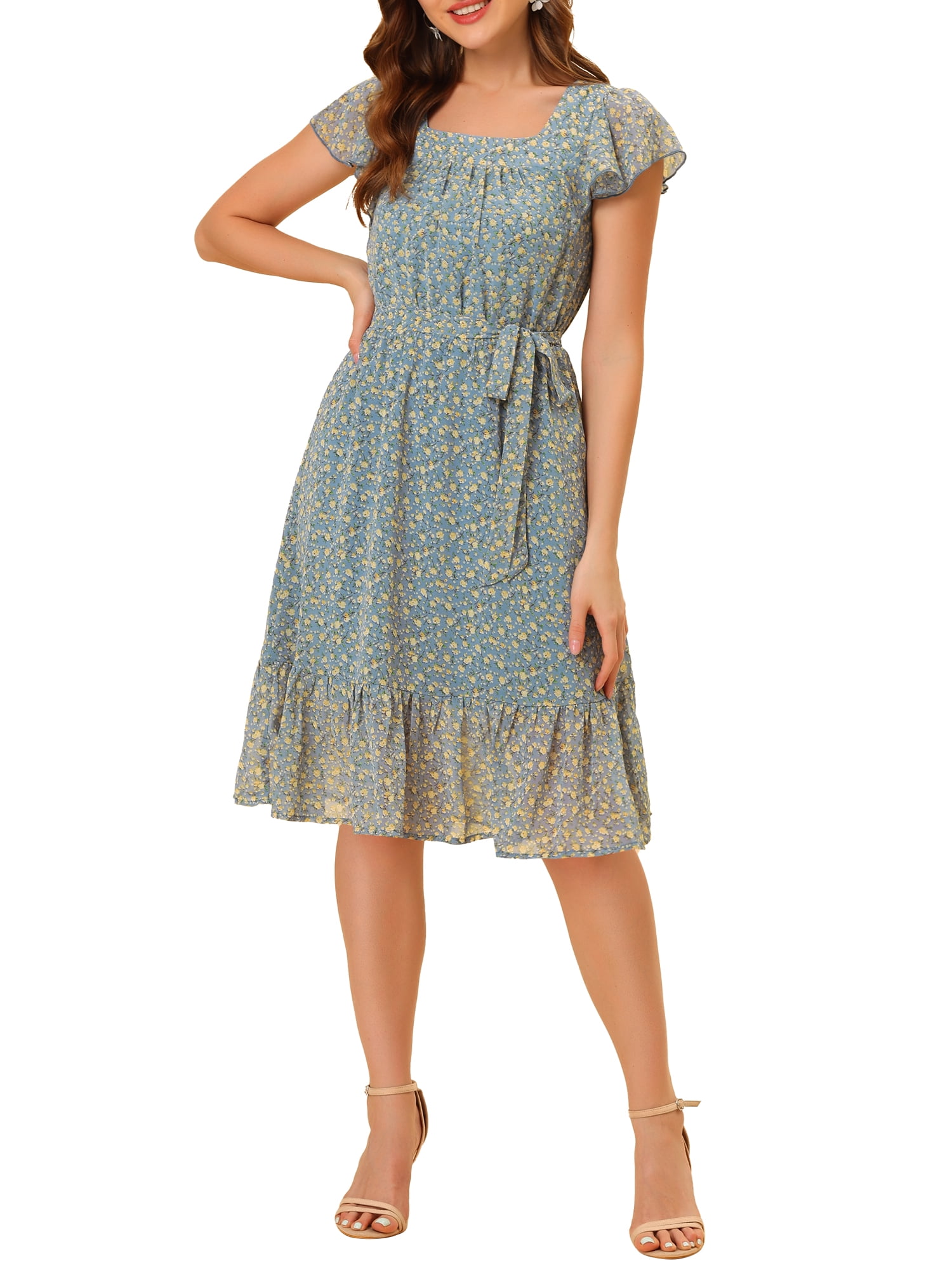 DARING DIVA Square Neck Flutter Sleeve A-Line Midi Dress M Blue Gray