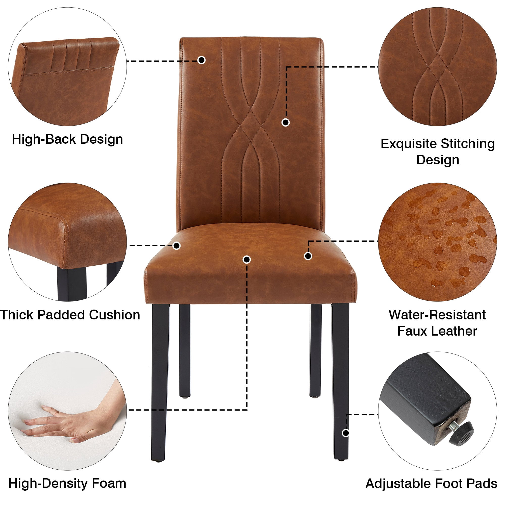 VECELO Upholstered Dining Chairs, Modern PU Leather High Back Chair with Wood Legs for Kitchen, Living Room, Set of 6, Brown