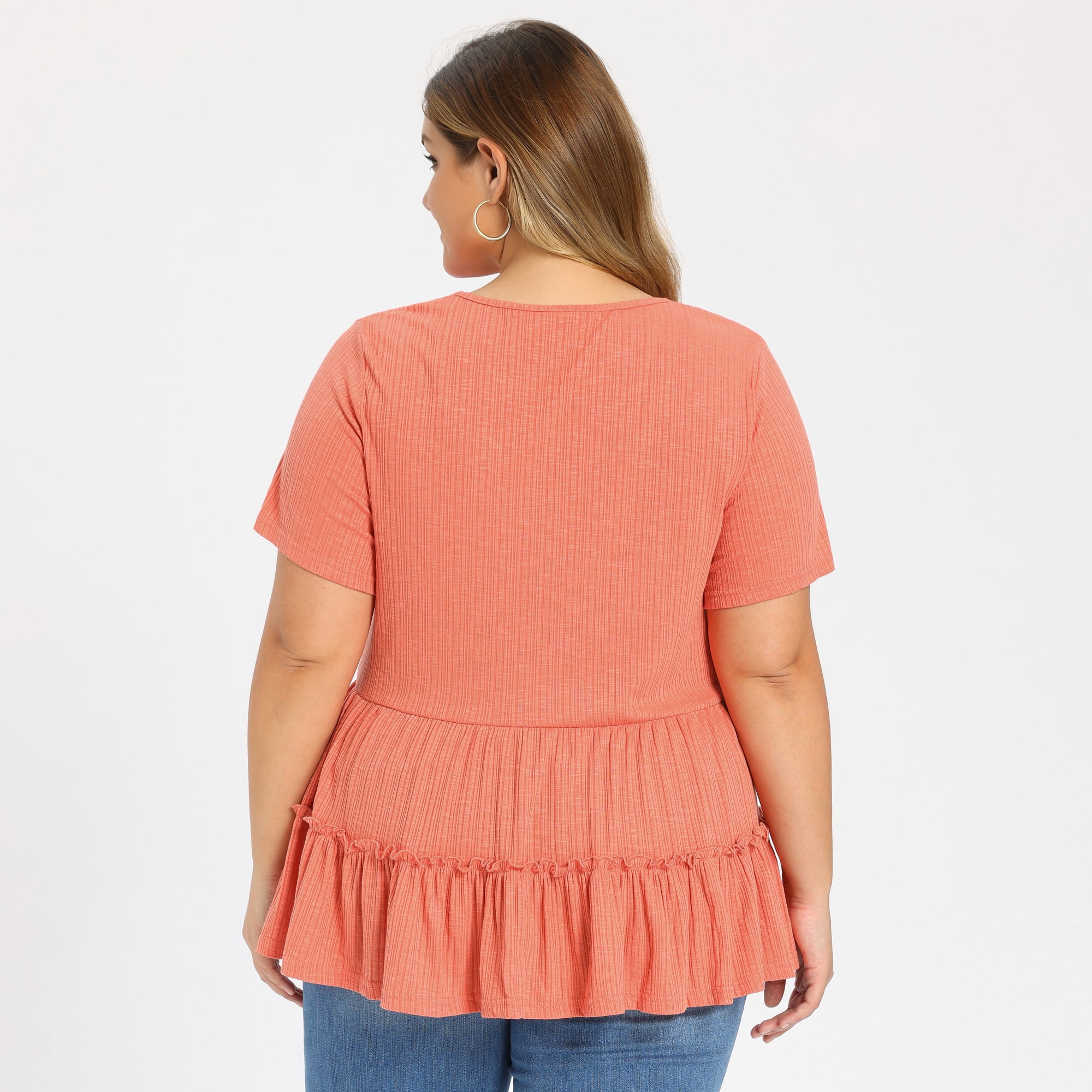 DARING DIVA Women's Plus Babydoll Tops V Neck Casual Loose Fit Blouses 2X Orange