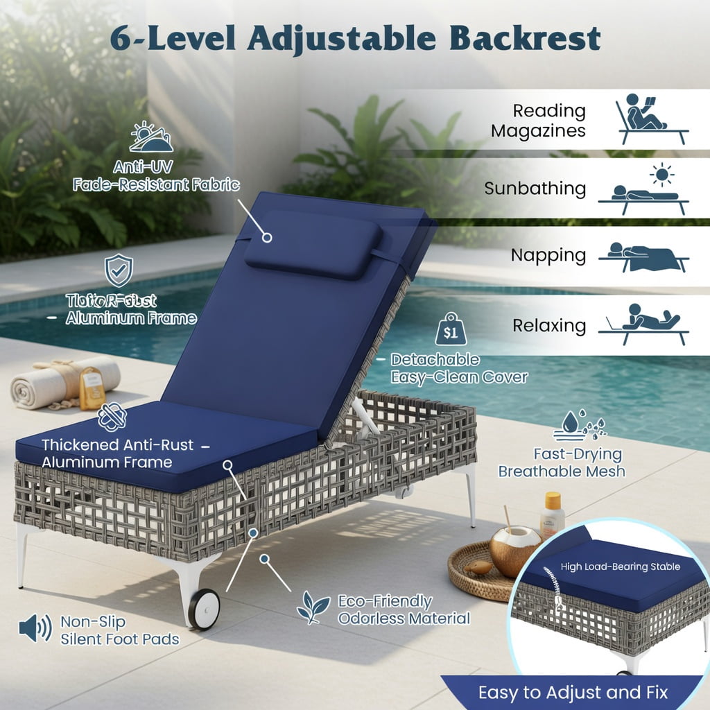 Hommoo Outdoor Chaise Lounge Chair with 6-Position Adjustable Backrest & Headrest, PE Rattan Patio Lounger for Poolside, Backyard, and Garden, Navy Blue
