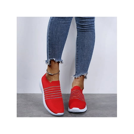 

Colisha Women Casual Shoes Comfort Flats Non-Slip Sneakers Work Lightweight Walking Shoe Slip On Sock Sneaker Red US 7