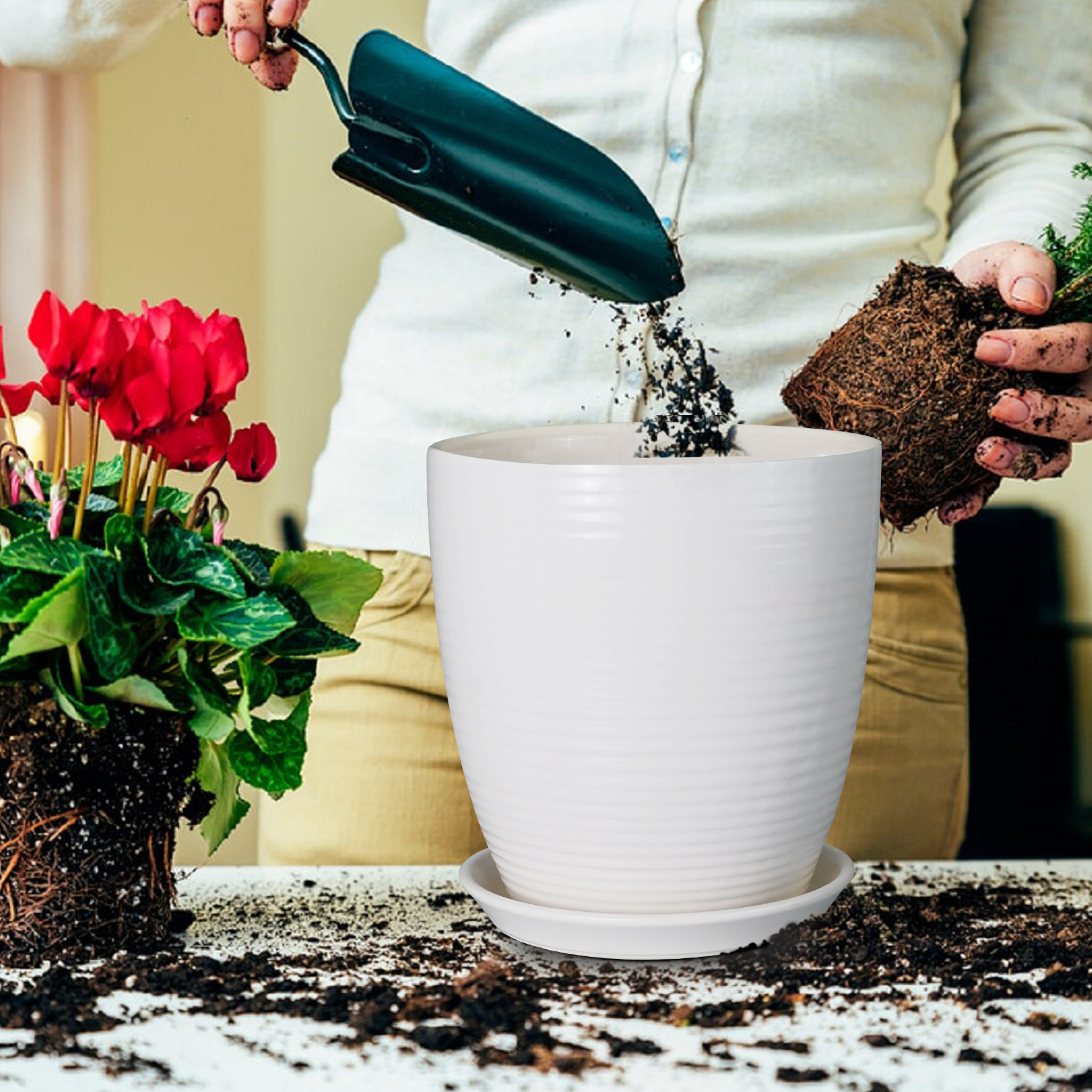 Ordivic 10 inch White Tall Ceramic Planter with Saucer & Drainage, Medium Flower Pot for Indoor Kitchen Herb & Windowsill, Neutral Decor Gift