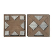 Decmode Modern 19 Inch Square Framed Metal And Fir Wood Geometric Design Wall Decor, Brown - Set of 2