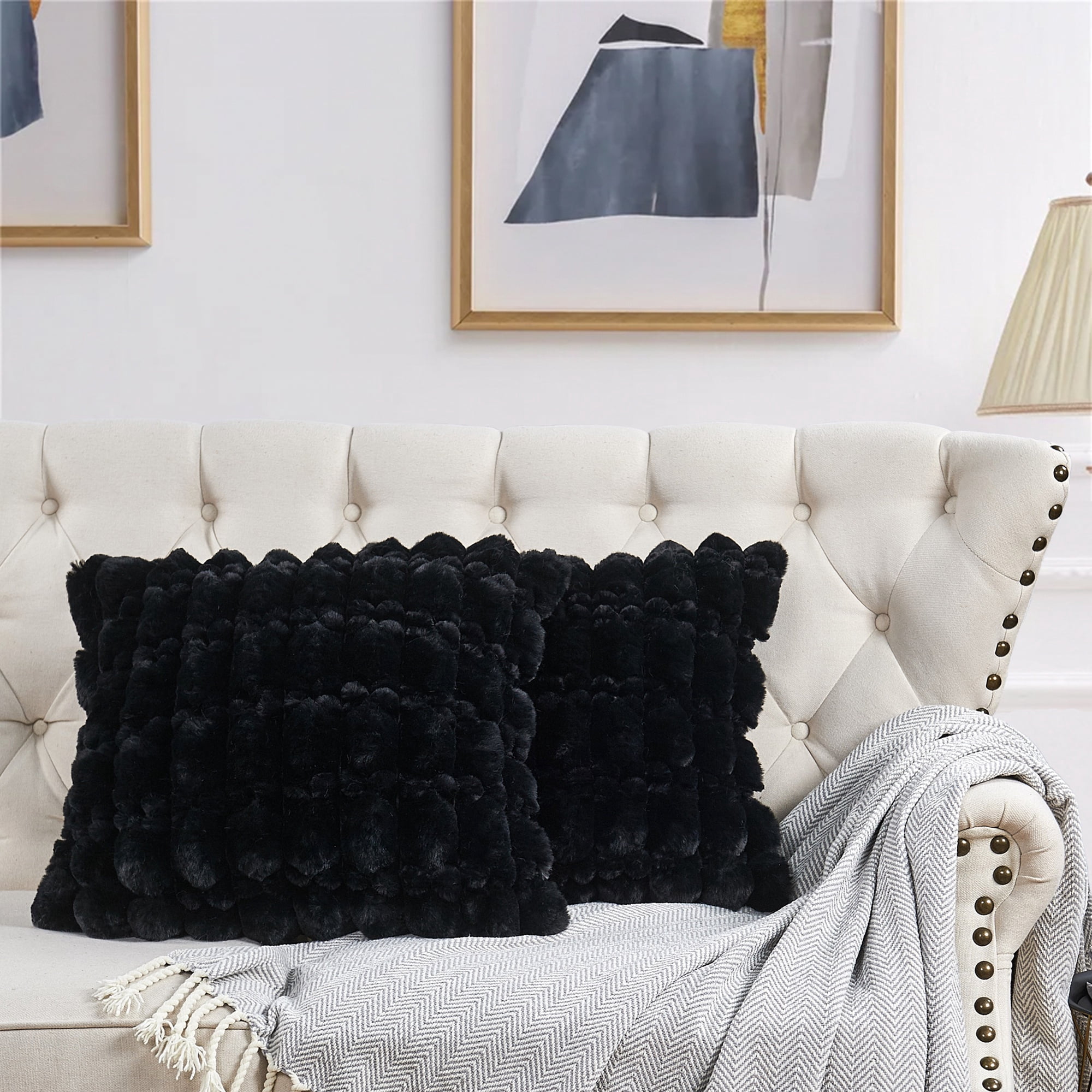 Home Soft Things Textured Spandex Bubble Faux Fur Pillow Covers, Set of 2, 20"x20", Black